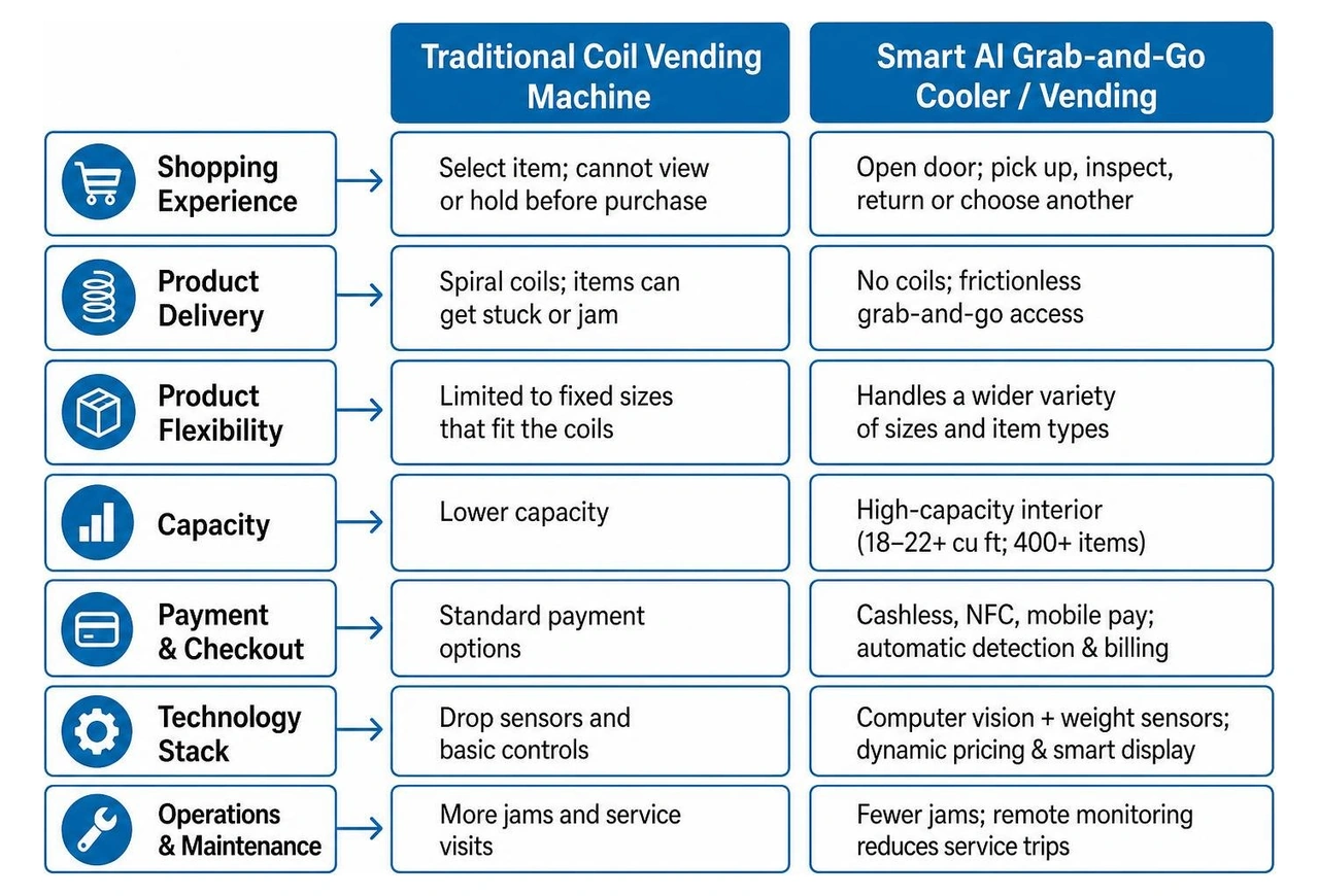 Comparison framework of traditional coil vending vs smart AI grab-and-go cooler Comparison framework of traditional coil vending vs smart AI grab-and-go cooler