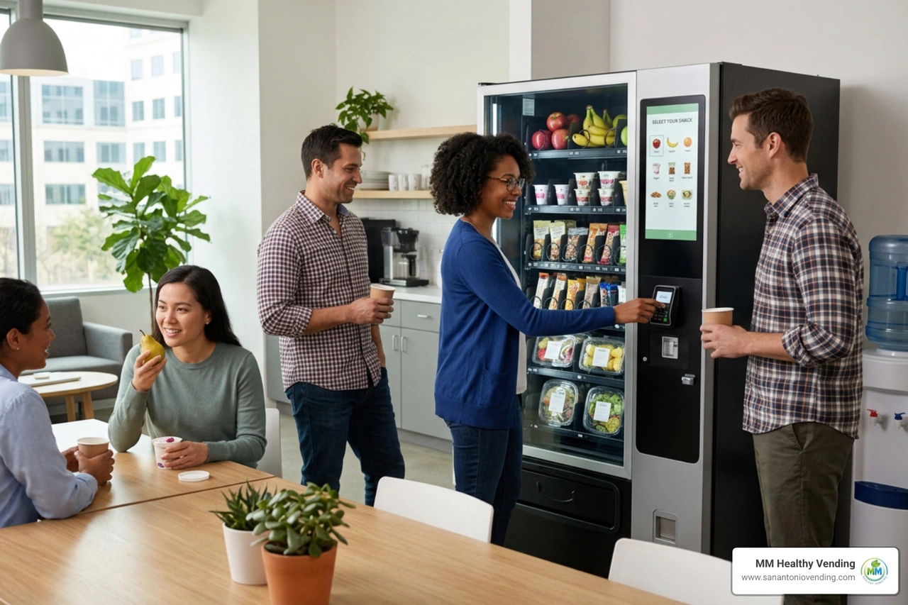 Employees enjoying healthy snacks from a smart vending machine in the breakroom Employees enjoying healthy snacks from a smart vending machine in the breakroom