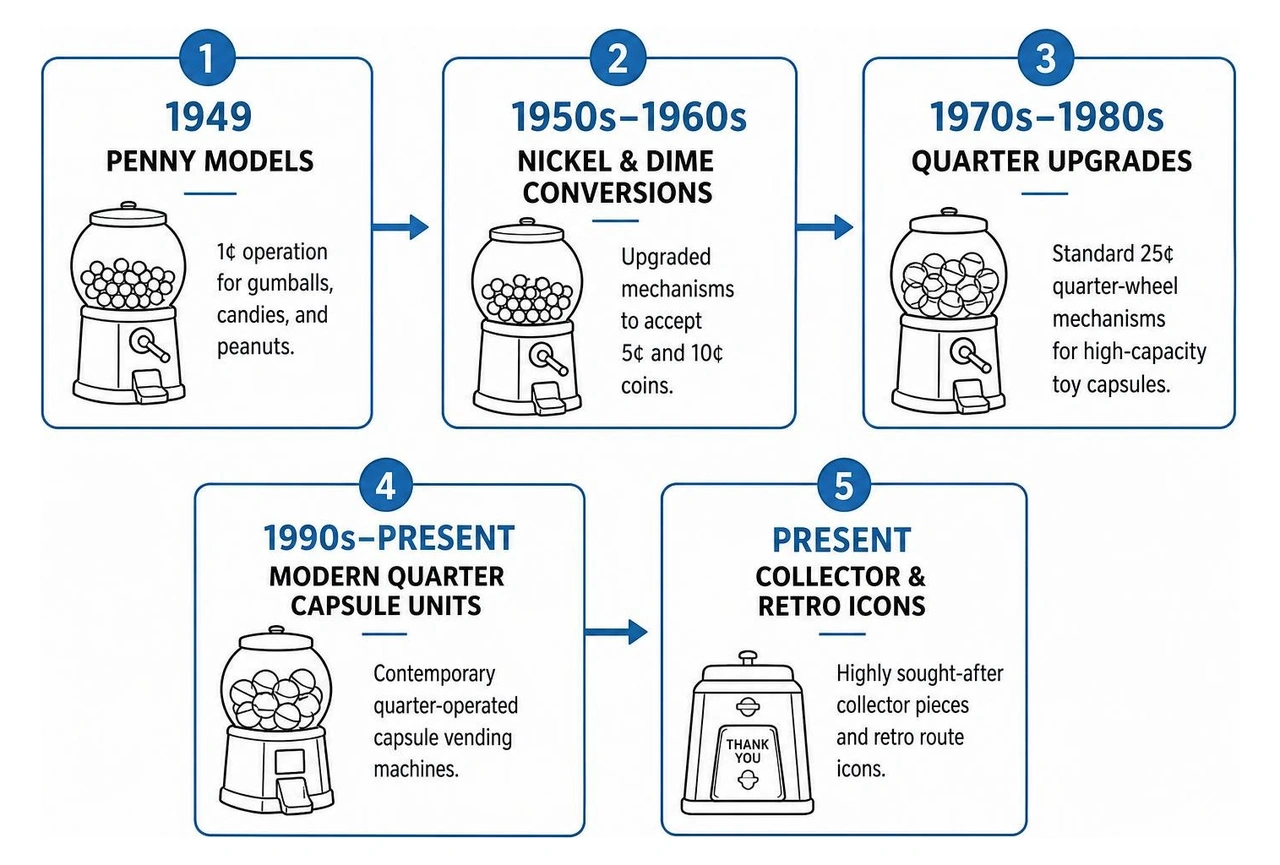 Timeline of Oak vending machine evolution from 1949 penny models to modern quarter capsule units Timeline of Oak vending machine evolution from 1949 penny models to modern quarter capsule units