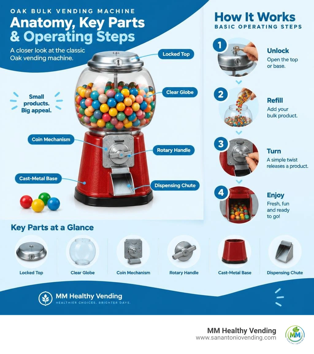Oak bulk vending machine anatomy, key parts, and basic operating steps infographic Oak bulk vending machine anatomy, key parts, and basic operating steps infographic