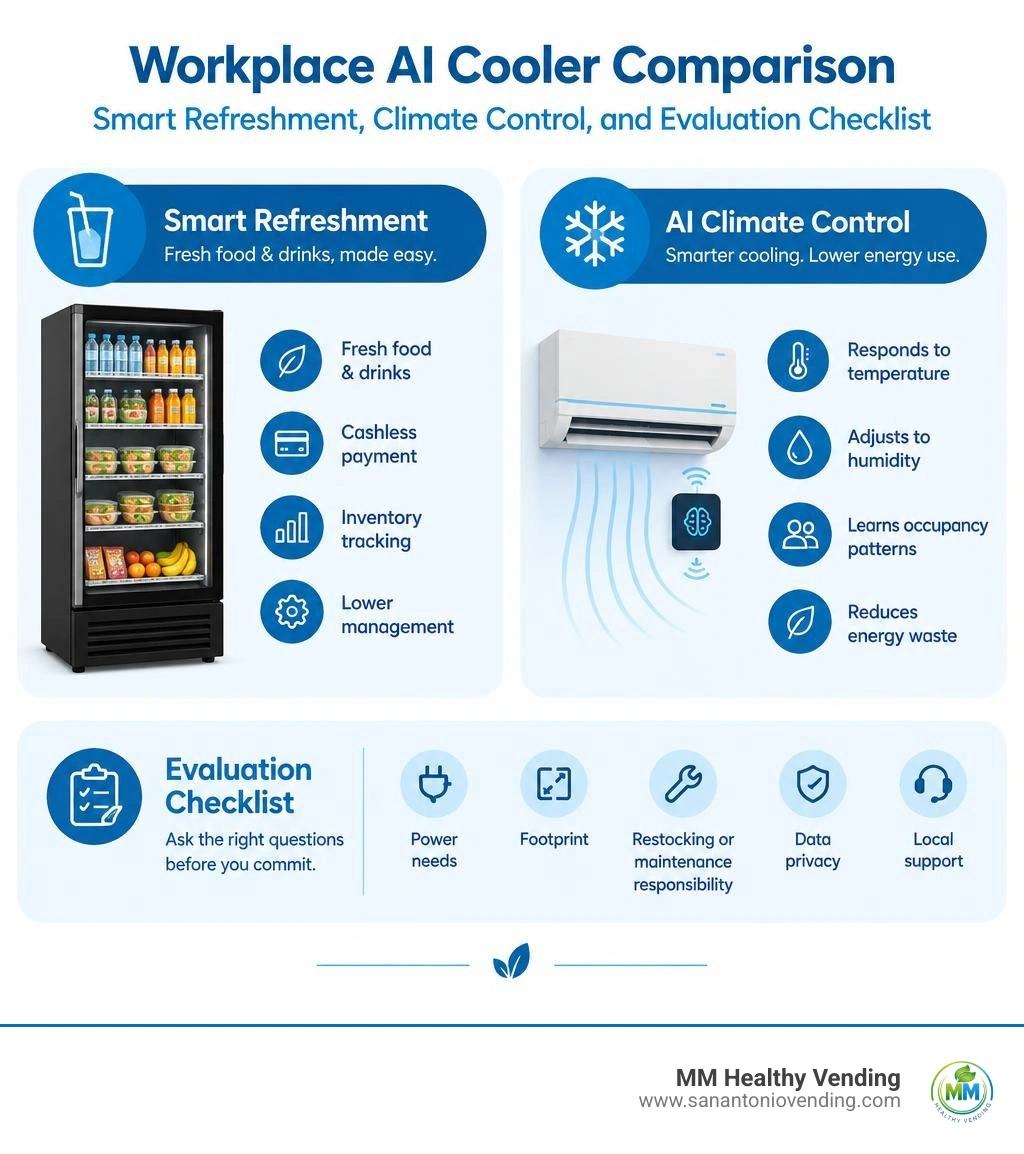 Workplace AI cooler comparison: smart refreshment, climate control, and evaluation checklist infographic Workplace AI cooler comparison: smart refreshment, climate control, and evaluation checklist infographic