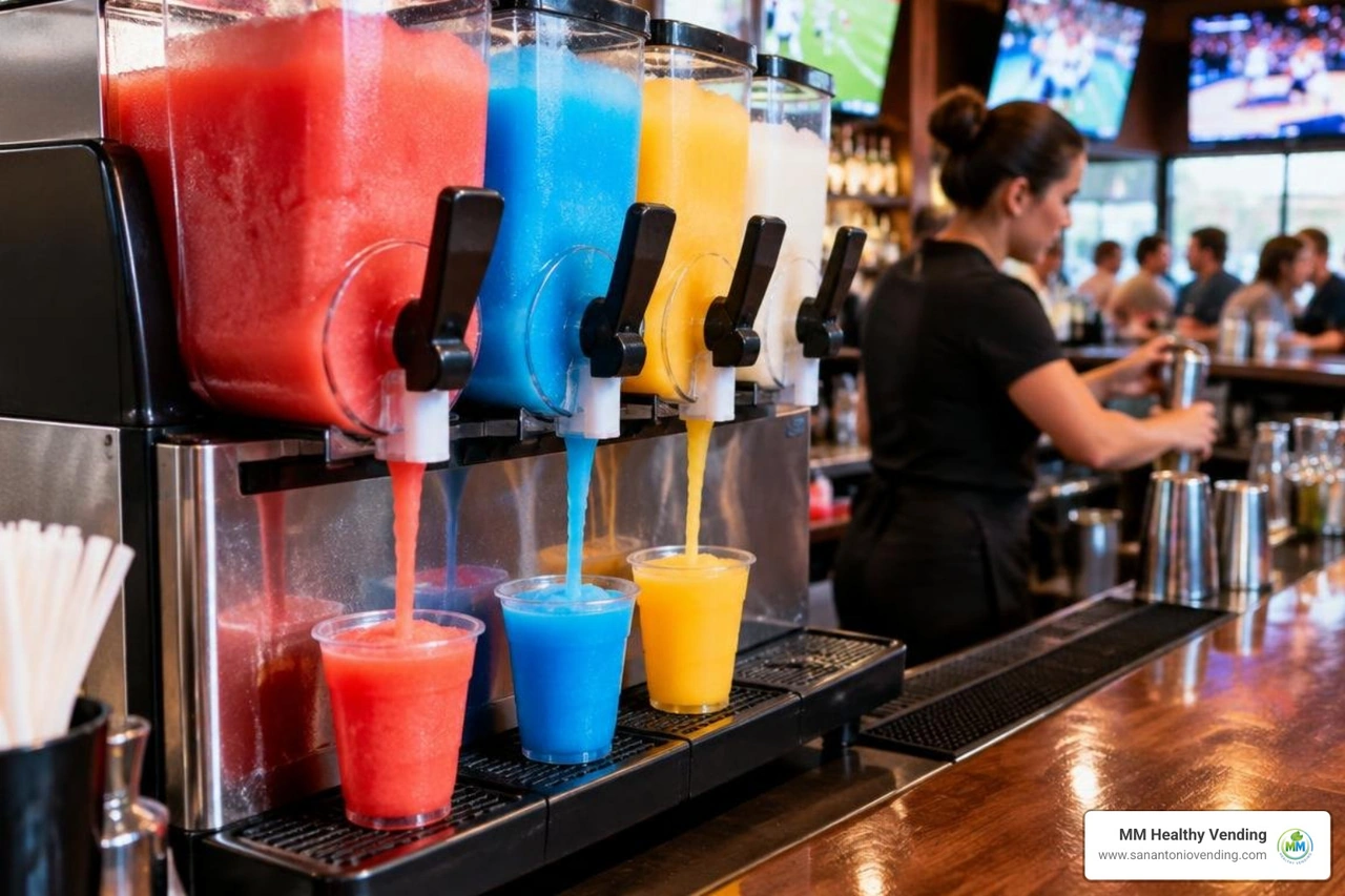 High-output multi-barrel frozen cocktail dispenser on bar counter