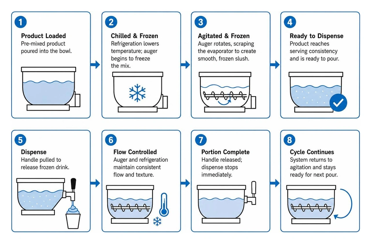 Frozen drink dispense cycle step-by-step sequence