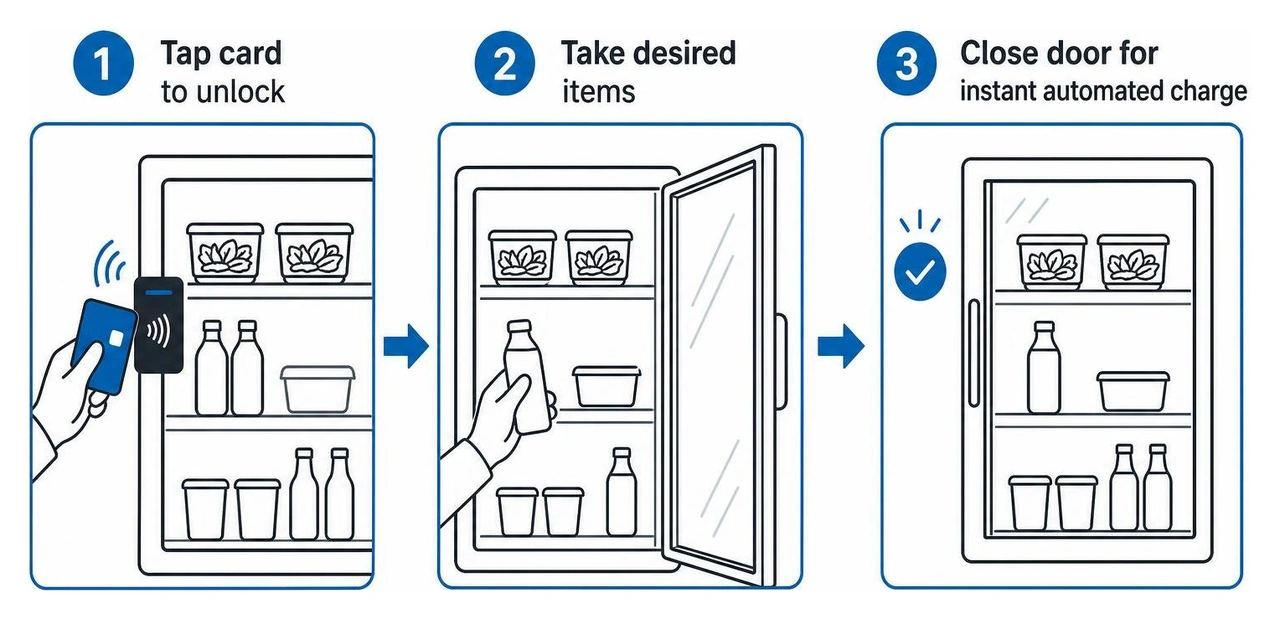 Smart Cooler Purchasing Process: Tap card to unlock, take desired items, close door for instant automated charge
