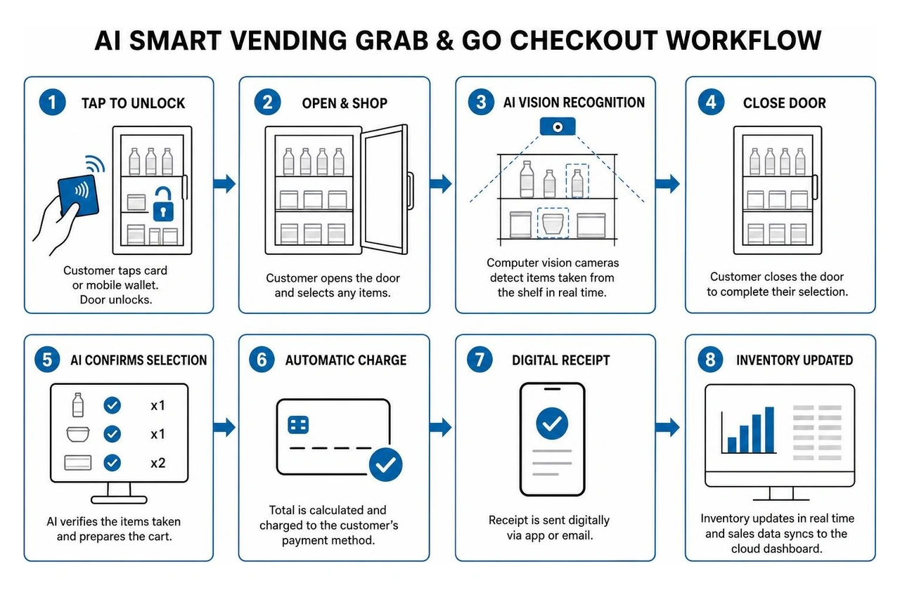 diagram of AI smart vending grab and go computer vision checkout workflow