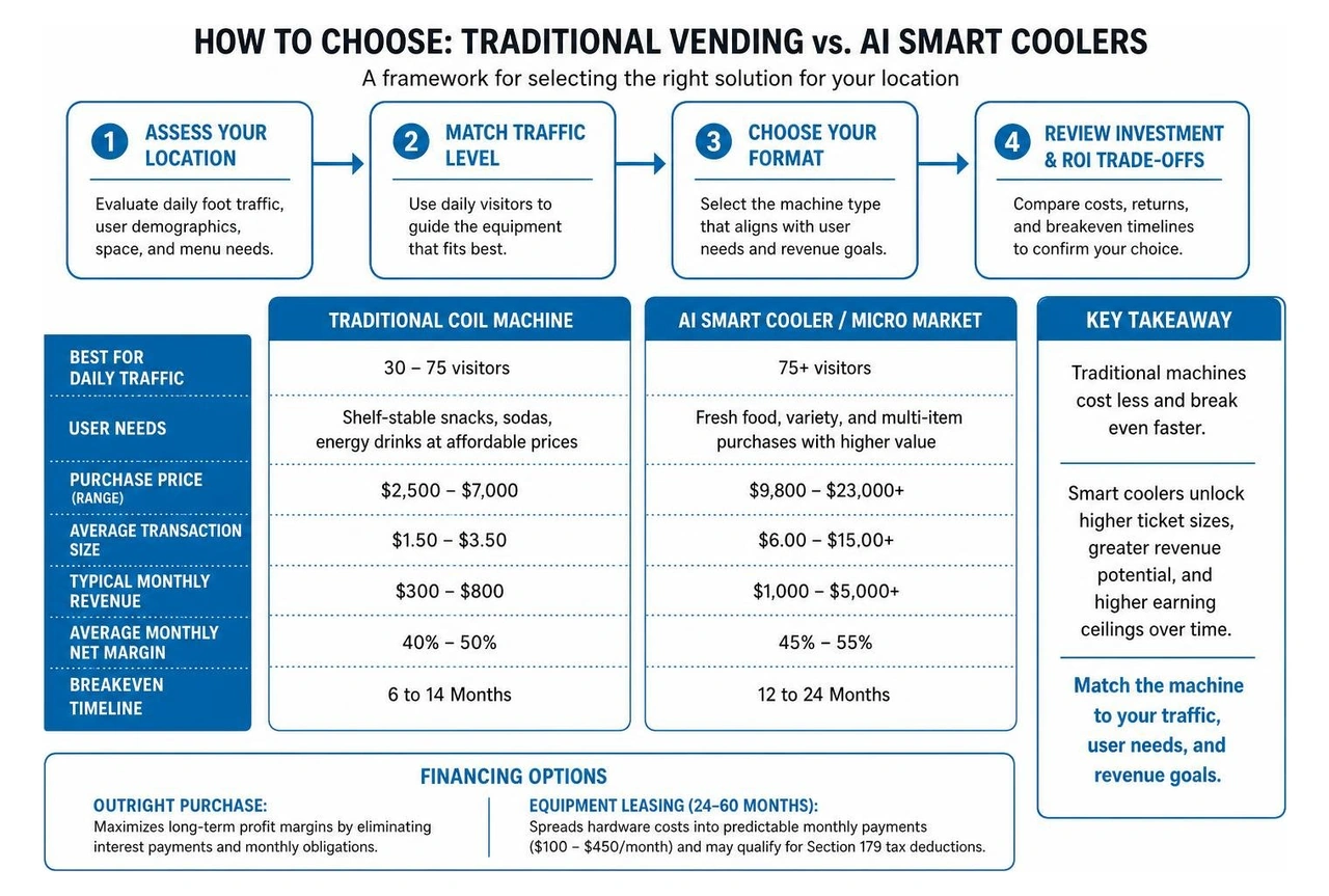 framework showing how to choose between traditional vending and AI smart coolers