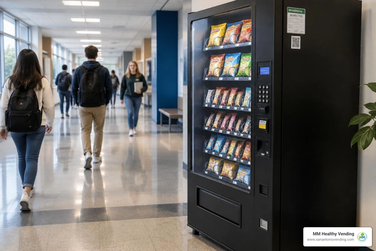 licensed food vending machine with regulatory inspection label