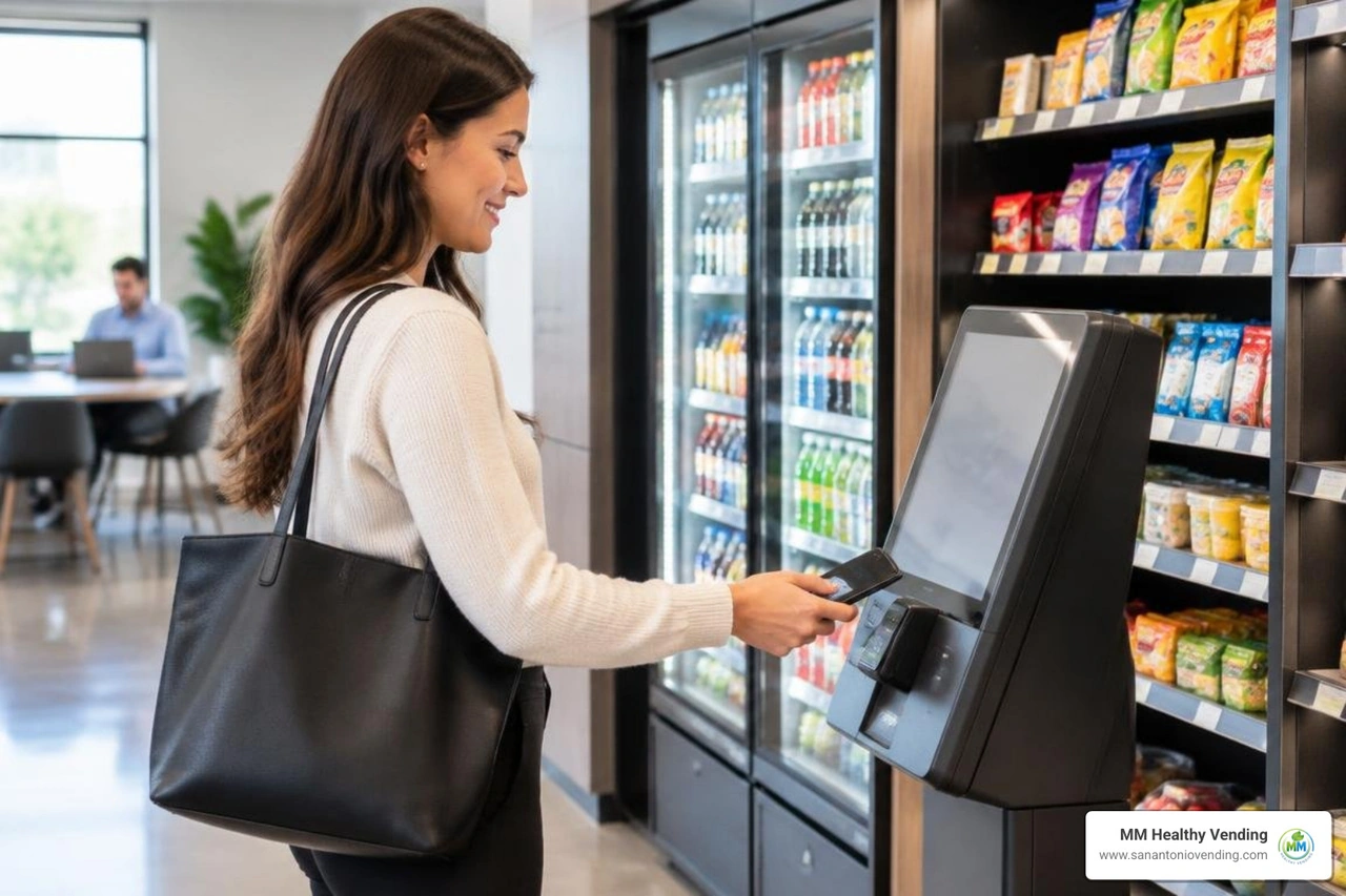 Employee using mobile pay at a micro-market kiosk