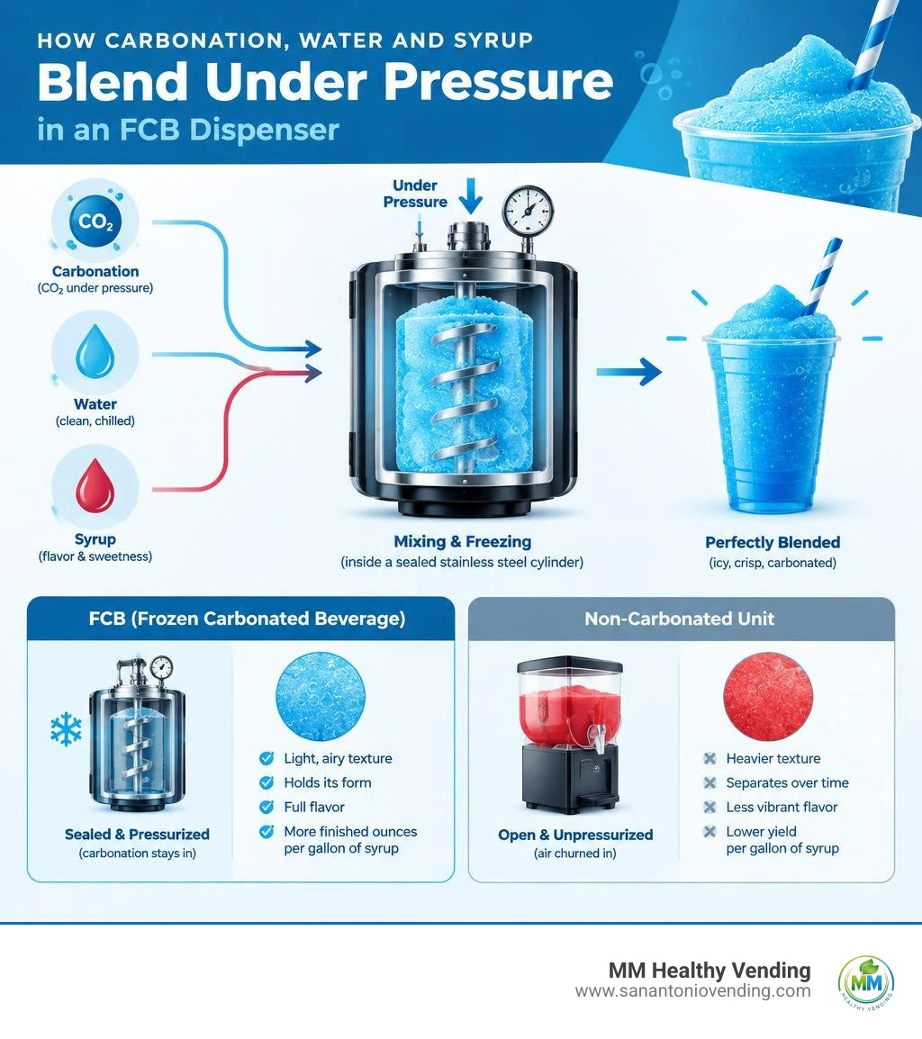 How carbonation, water, and syrup blend under pressure in an FCB dispenser infographic How carbonation, water, and syrup blend under pressure in an FCB dispenser infographic