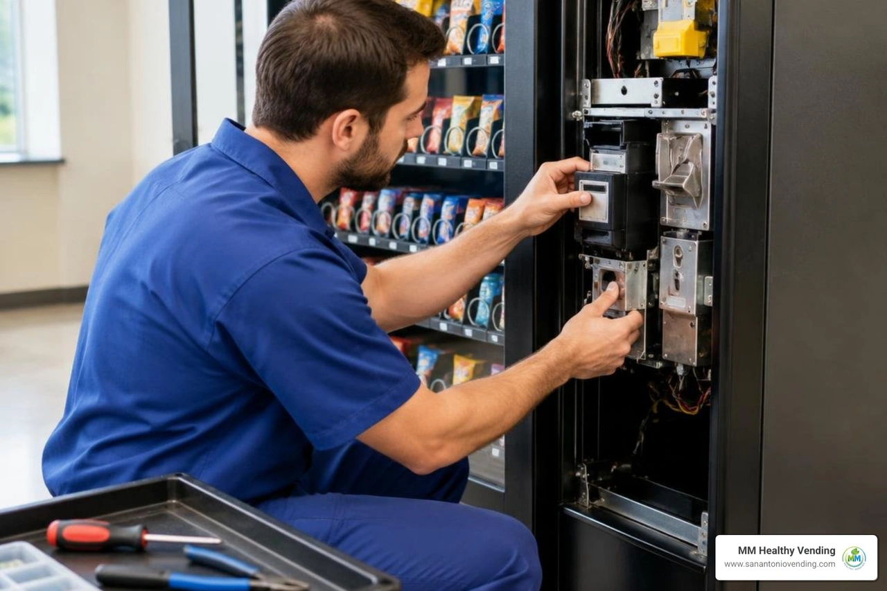 Technician inspecting bill validator and coin mechanism components Technician inspecting bill validator and coin mechanism components