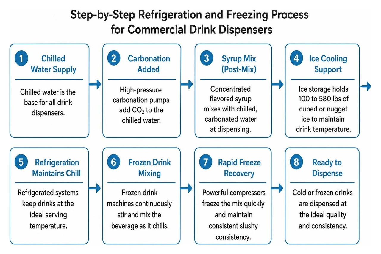 Step-by-step refrigeration and freezing process for commercial drink dispensers Step-by-step refrigeration and freezing process for commercial drink dispensers
