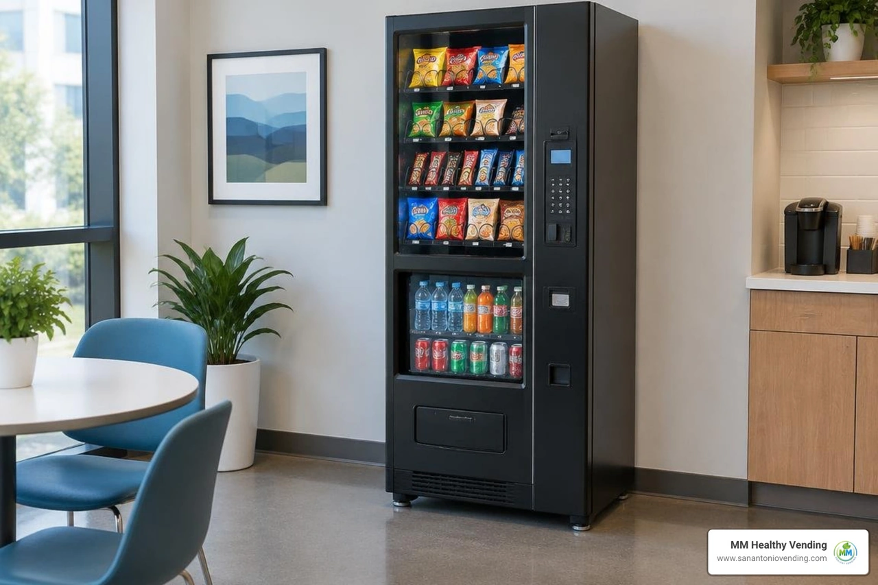 slim combo vending machine dispensing snacks and cold beverages