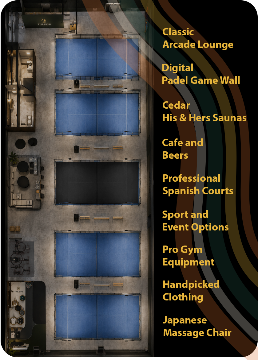 5 padel courts, arcade lounge, MultiBall game, Massage chairs, cafe and beers
