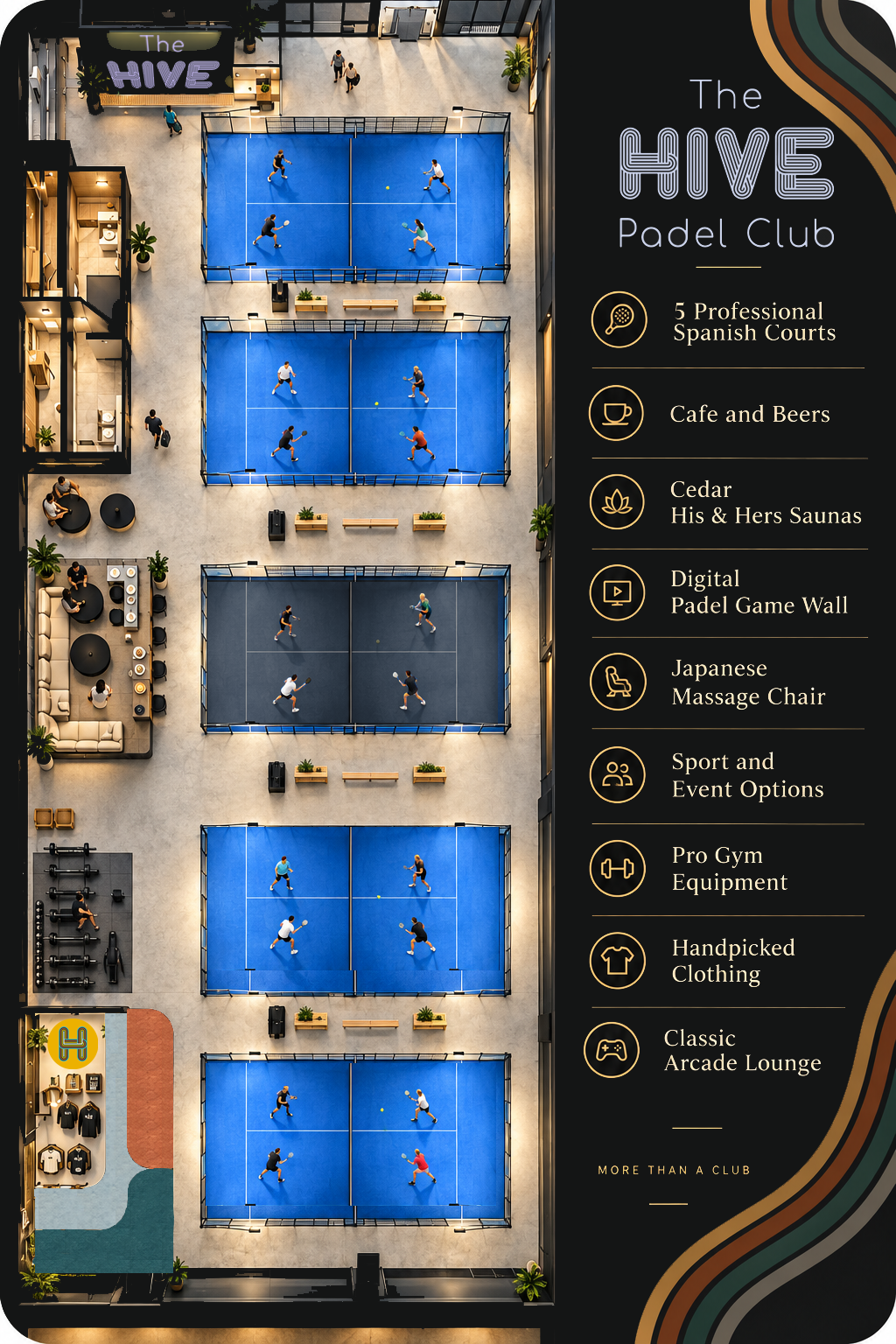 5 padel courts, arcade lounge, MultiBall game, Massage chairs, cafe and beers