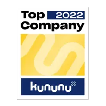 Kununu Top Company 2022 badge with yellow abstract background and blue logo panel.