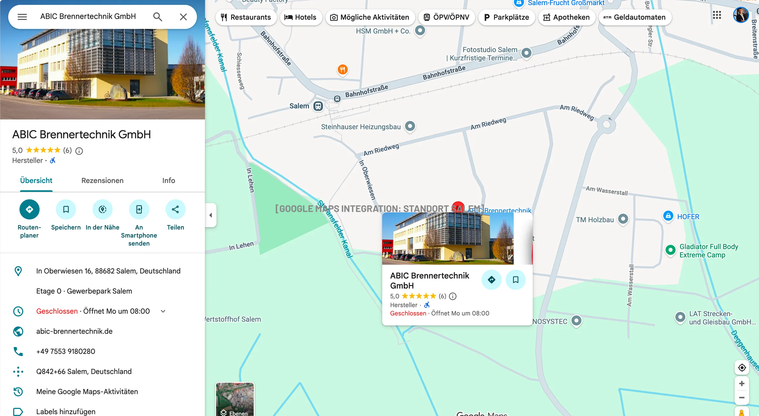 Google Maps showing ABIC Brennertechnik GmbH location in Salem, Germany with business details and map pins.