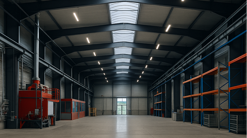 Innenansicht einer großen, leeren Industriehalle mit Regalflächen und Beleuchtung an der Decke.