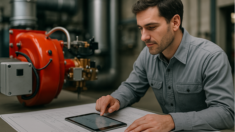 Ingenieur prüft technische Zeichnung auf Tablet vor roter Industriemaschine in Werkstatt.