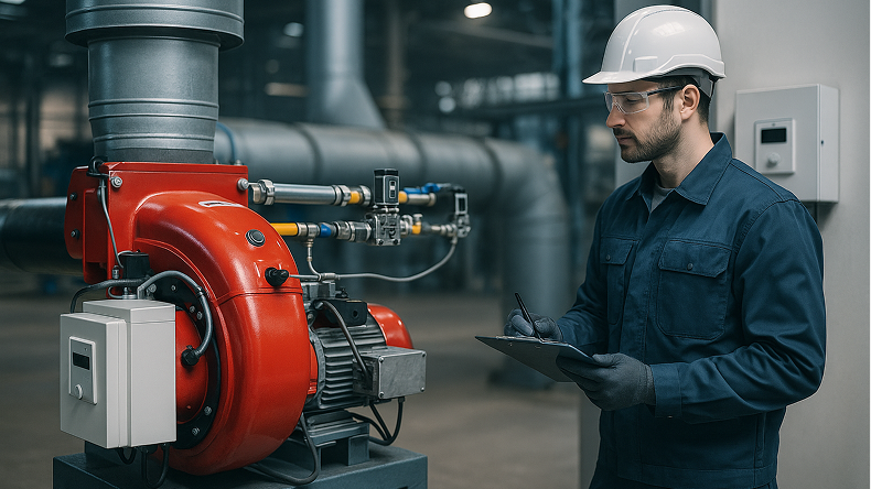 Techniker mit Helm und Schutzbrille inspiziert und notiert Daten an einer roten Industriemaschine.