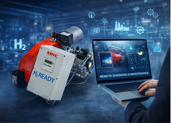 Hand holding laptop showing remote diagnosis of H2-ready industrial equipment with digital icons.