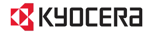 Logo von Kyocera mit rotem Quadrat und schwarzem Schriftzug.