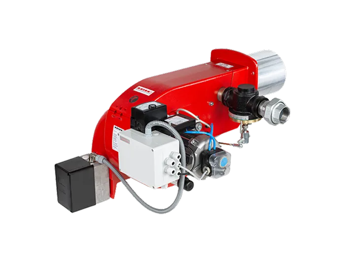 Rote Gasbrenner-Vorrichtung mit elektrischen Anschlüssen und Metallrohranschluss.