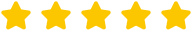 Fünf goldene Sterne in einer Reihe auf hellem Hintergrund.