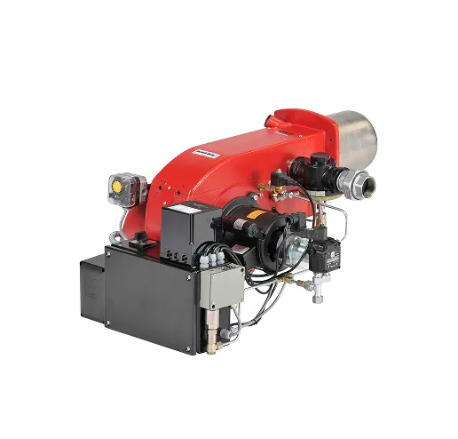 Rotes Heizgerät mit schwarzen und silbernen Komponenten, Rohren und elektrischen Teilen.