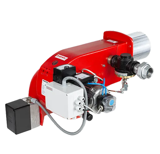 Rote industrielle Gasbrennervorrichtung mit Metallrohren und elektrischen Komponenten.