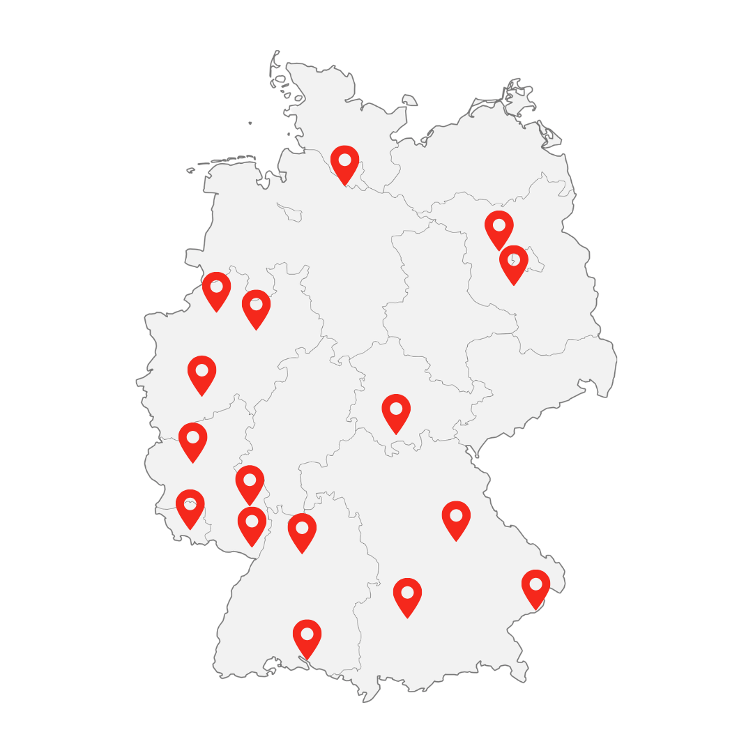 Karte von Deutschland mit mehreren roten Standortmarkierungen, die verschiedene Regionen anzeigen.