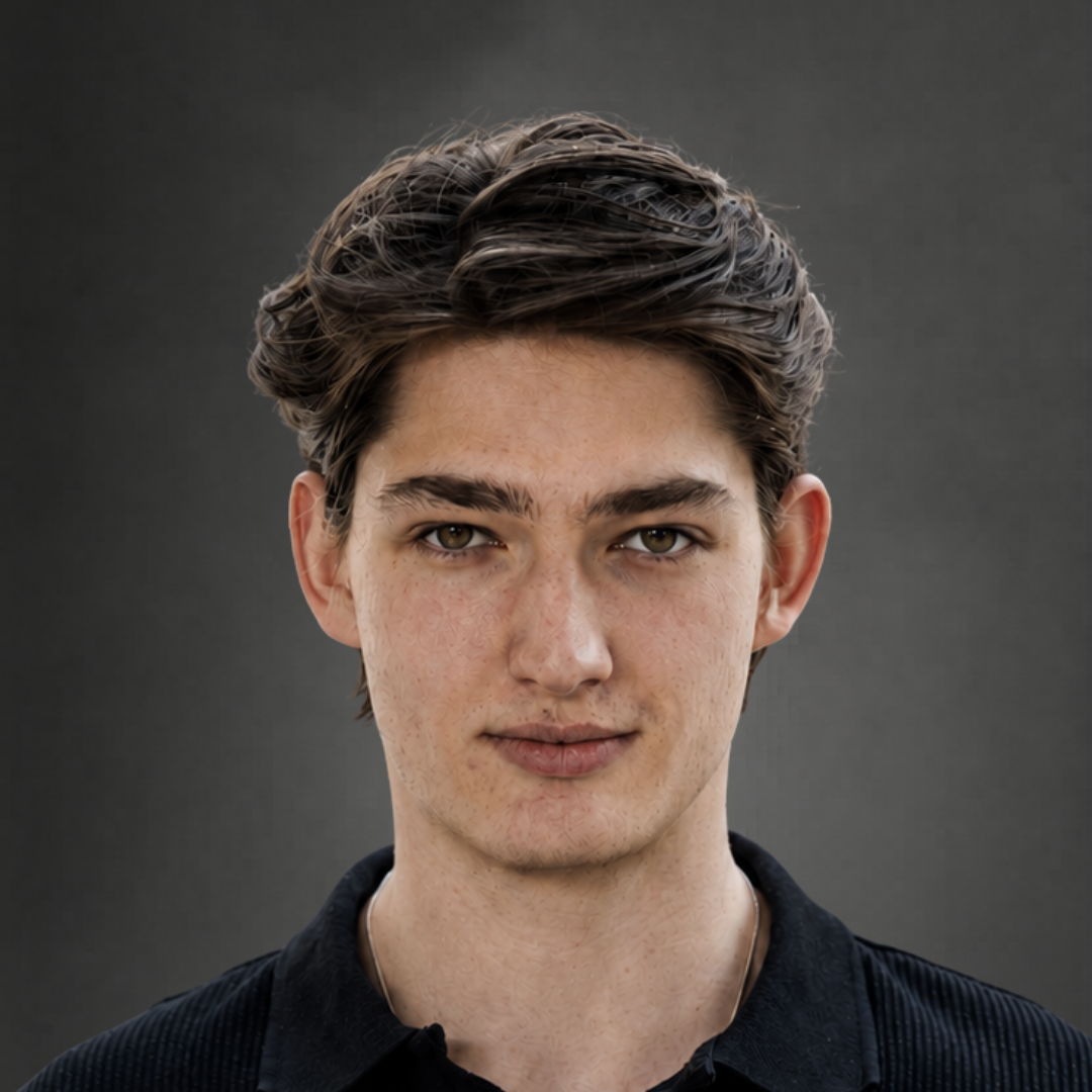 Junger Mann mit dunklen Haaren, braunen Augen und schwarzem Hemd vor grauem Hintergrund.