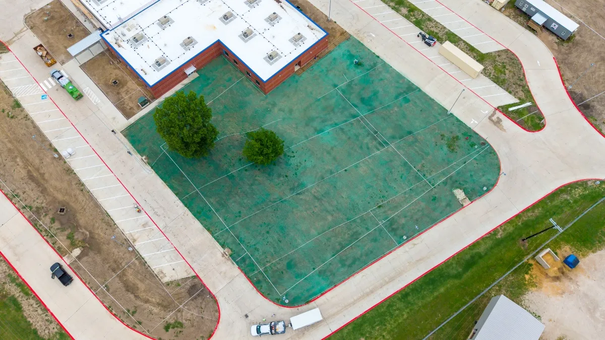 Aerial view of commercial hydroseeding project in North Texas