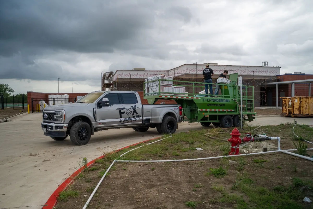Fox Hydroseeding LLC truck and equipment on a North Texas job site