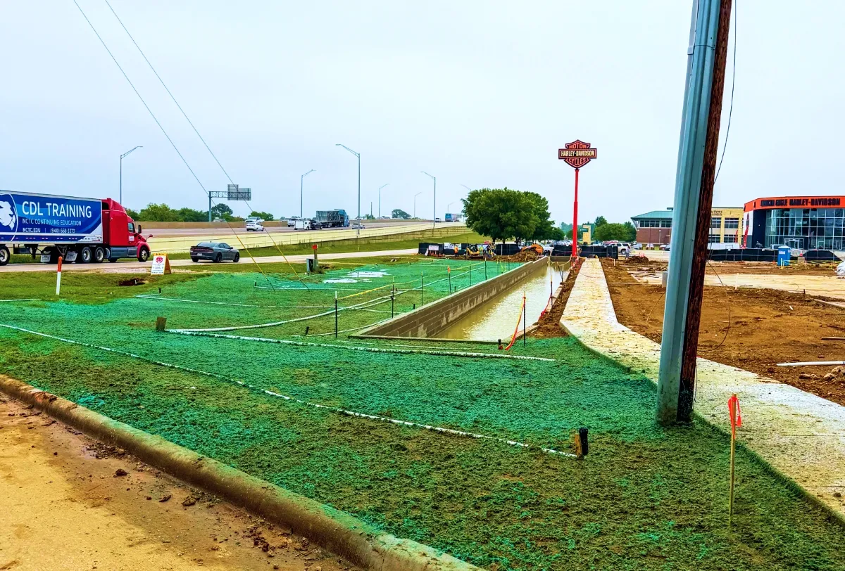 Hydroseeding results on a sloped residential development in North Texas