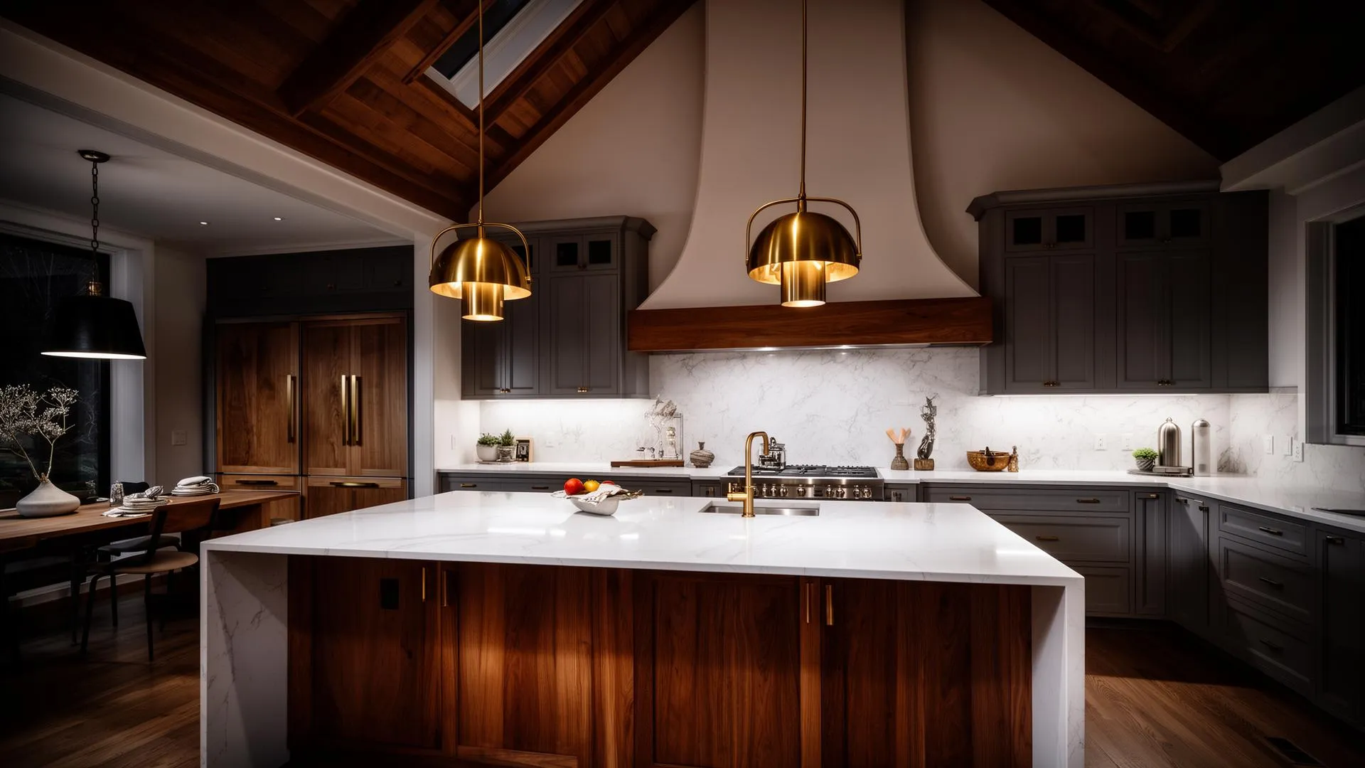 Modern kitchen with large marble island, wooden cabinets, brass fixtures, and pendant lighting.