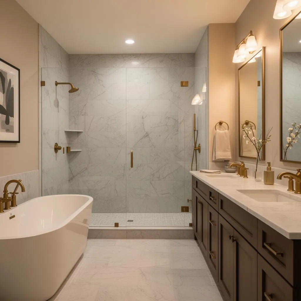 Modern bathroom with a freestanding tub, glass shower with marble tiles, and a double sink vanity.