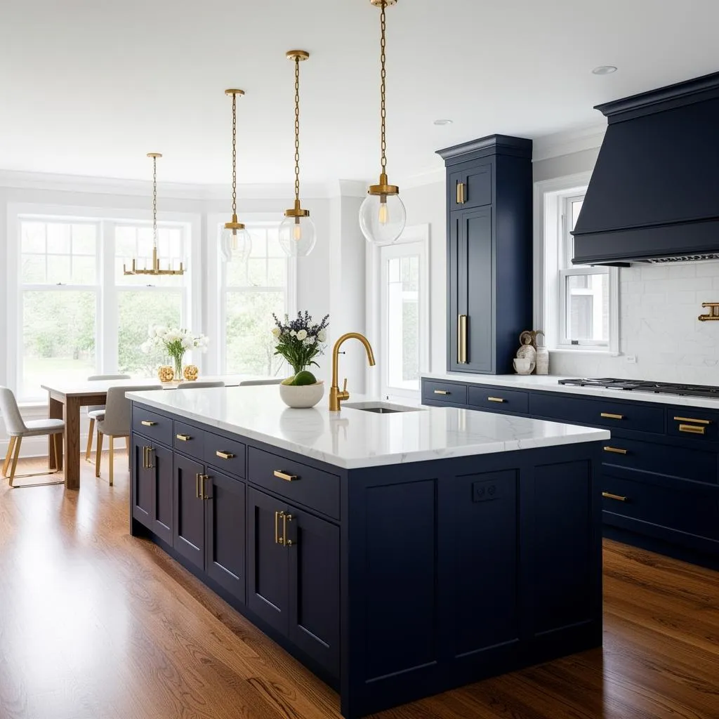 Modern kitchen with navy blue cabinets, white marble island, gold fixtures, and a dining area by large windows.