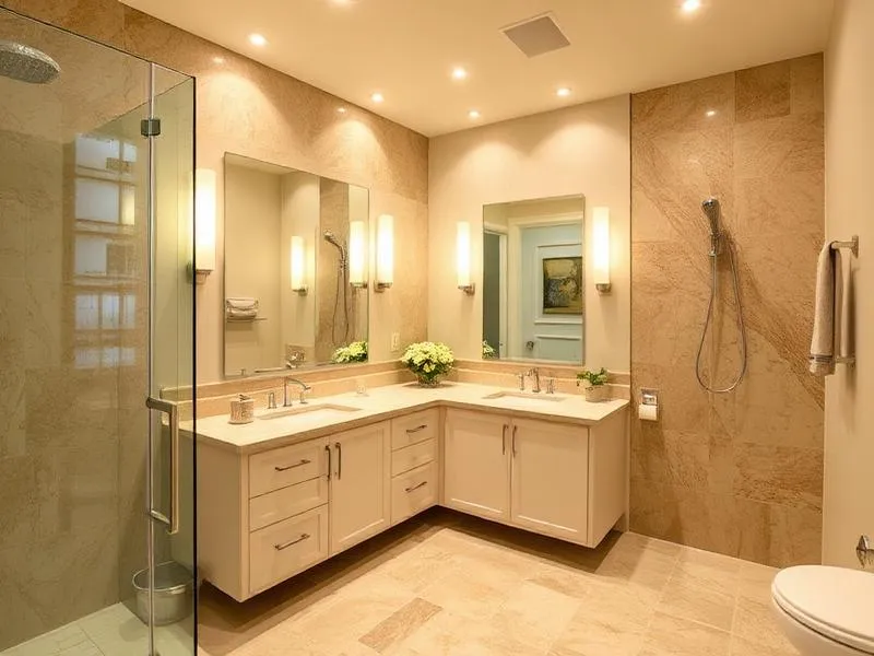 Modern bathroom with beige tile, dual sinks, large mirrors, glass shower, and wall-mounted showerhead.