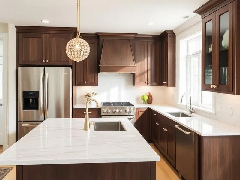 Modern kitchen with dark wood cabinets, marble countertops, stainless fridge, stove, and double sinks.