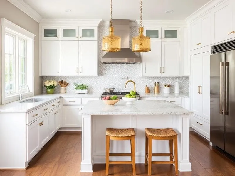 Bright white kitchen with marble island, wooden stools, stainless steel fridge, gold fixtures, and pendant lights.