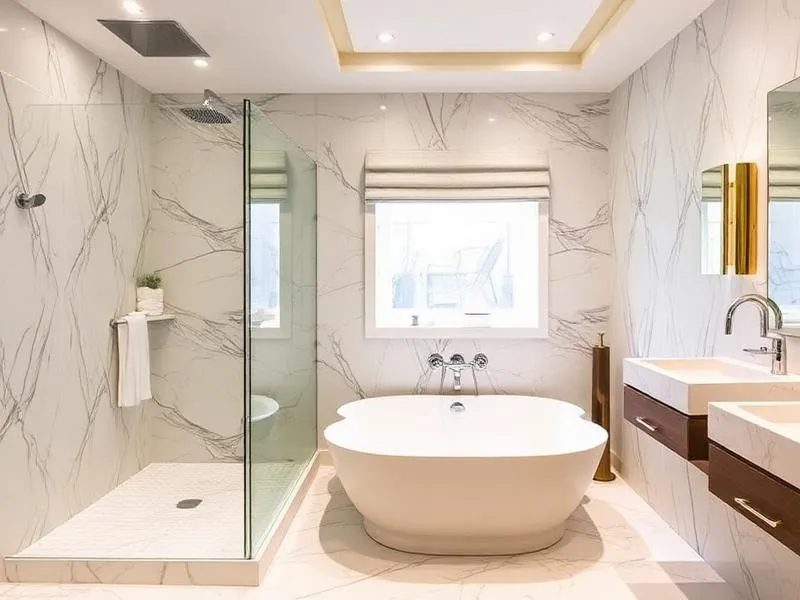 Modern bathroom with freestanding tub, glass shower, dual sinks, and marble walls and floor.