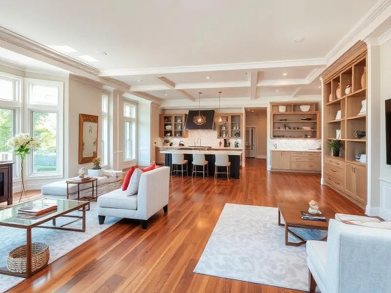 Spacious open living room and kitchen with hardwood floors, white furniture, and large windows.