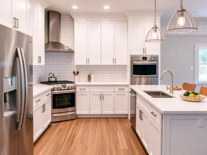 Modern kitchen with white cabinets, stainless steel appliances, wooden floor, and pendant lights over island.