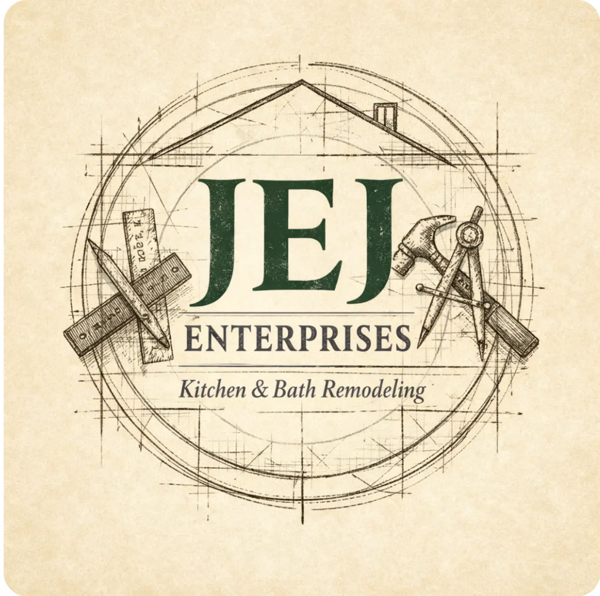 JEJ Enterprises logo with house sketch and hand tools, specializing in kitchen and bath remodeling.