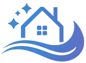 Blue icon of a clean house with sparkling stars, a window, and a wave symbolizing cleanliness and freshness.