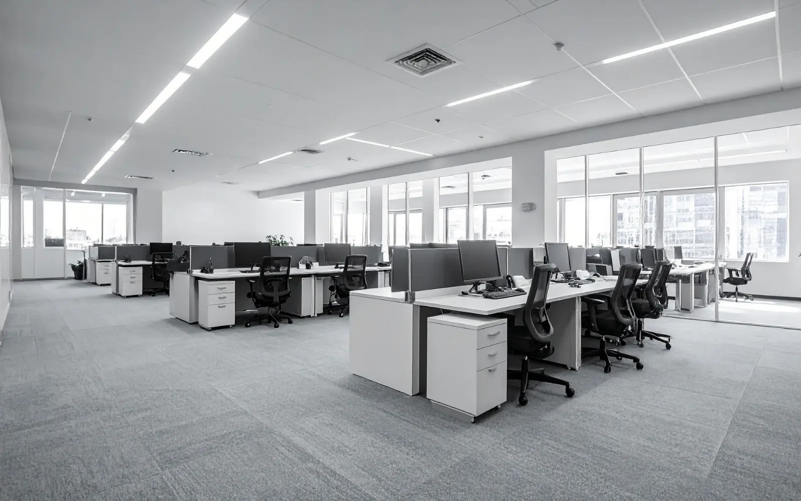 Spacious modern office with multiple rows of empty desks, black office chairs, desktop monitors, and large windows letting in natural light.