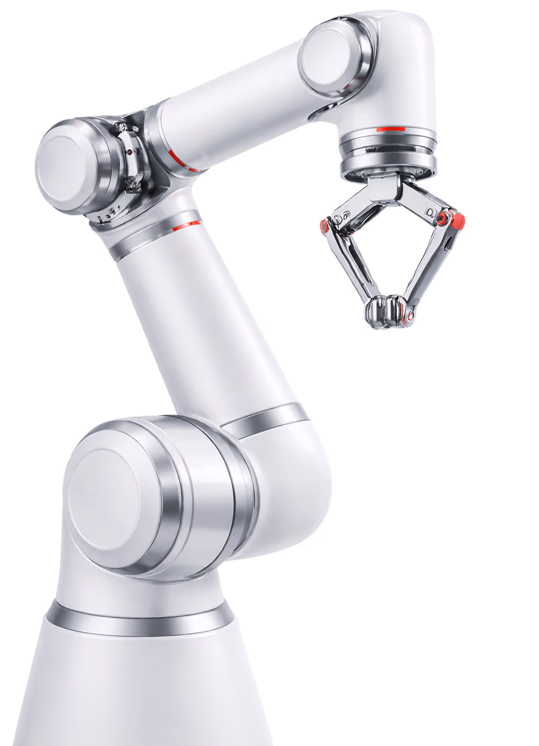 White robotic arm with a metallic gripper reaching to pick up an object