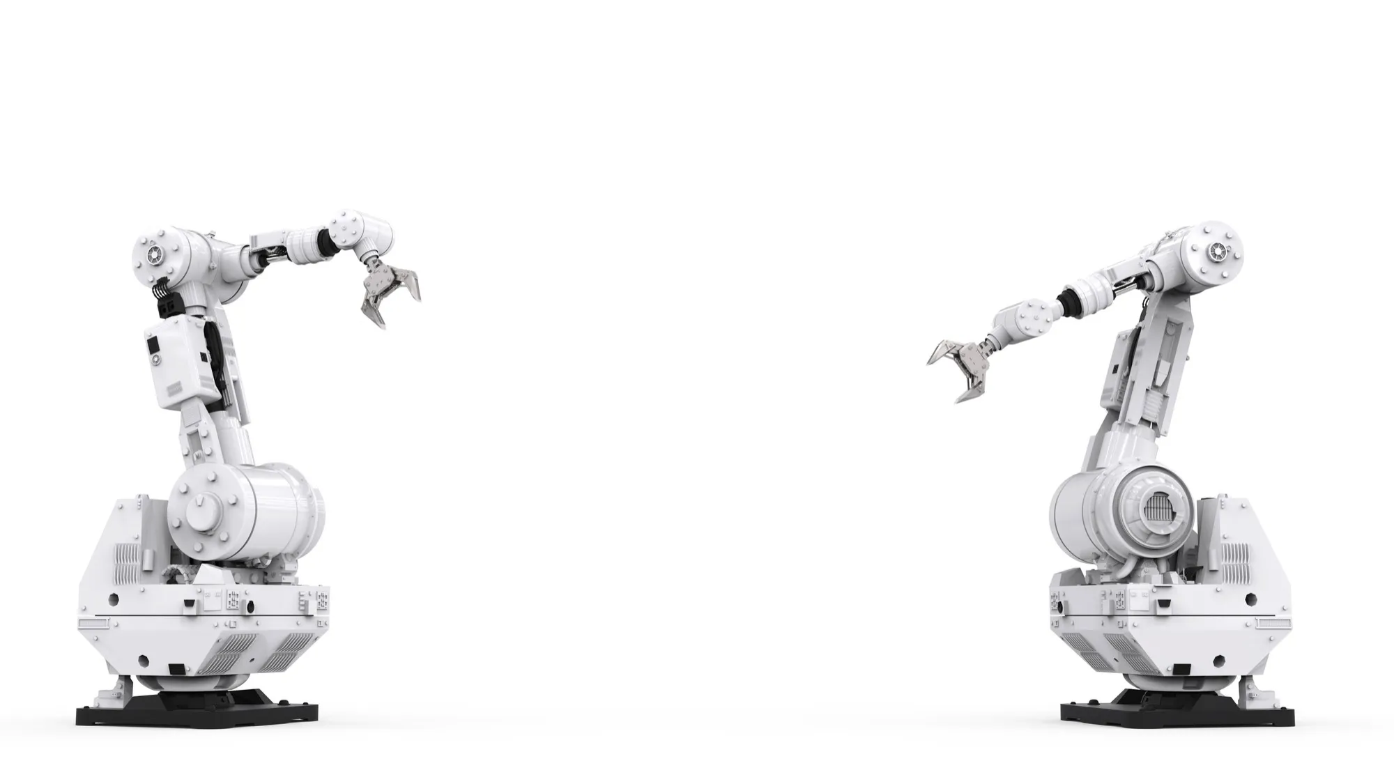 Two white six-axis industrial robot arms facing each other, grippers open