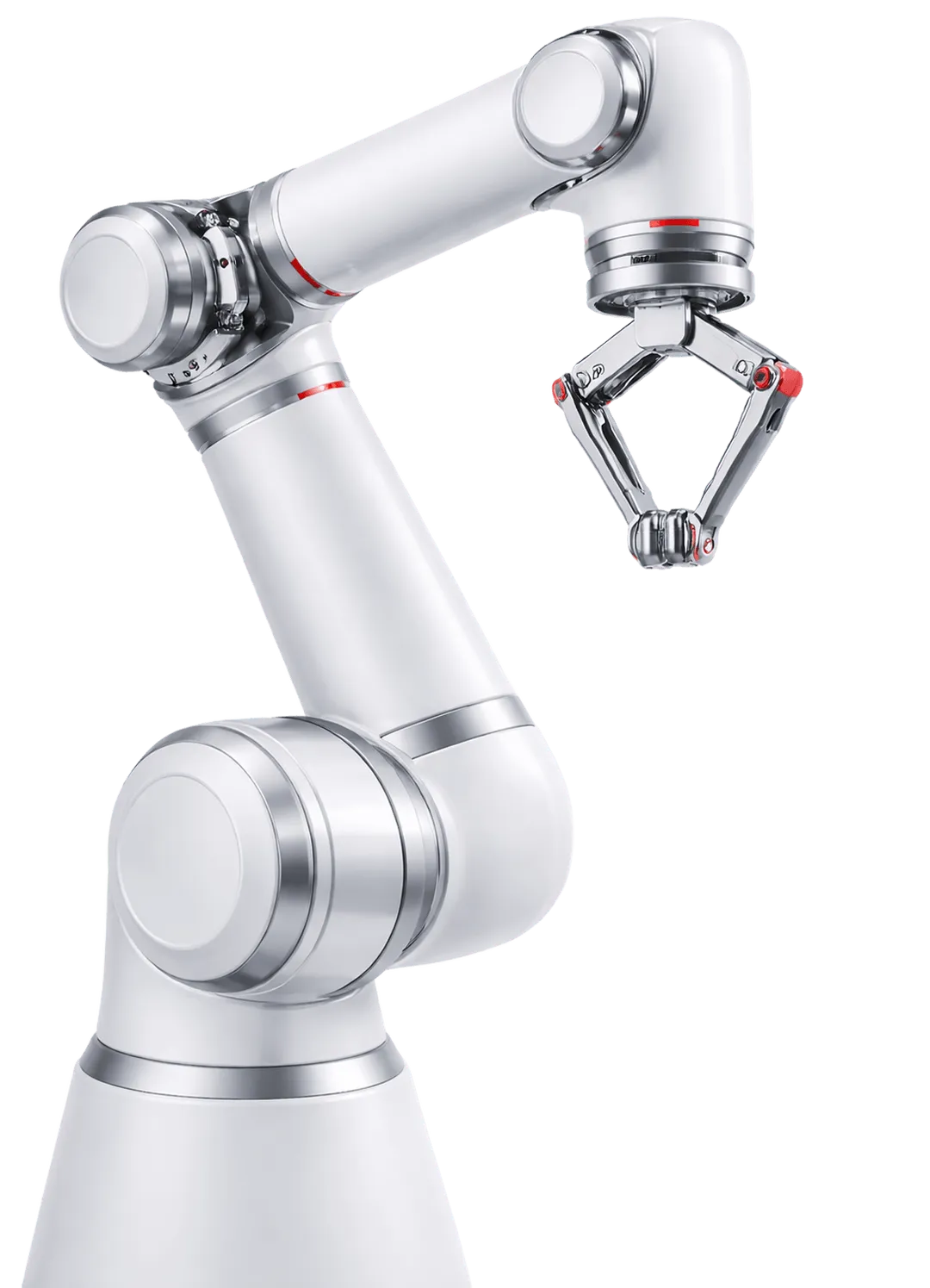White collaborative robot arm holding an open three-finger gripper