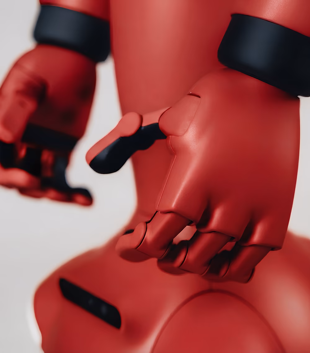 Close-up of a robotic hand with articulated metal fingers